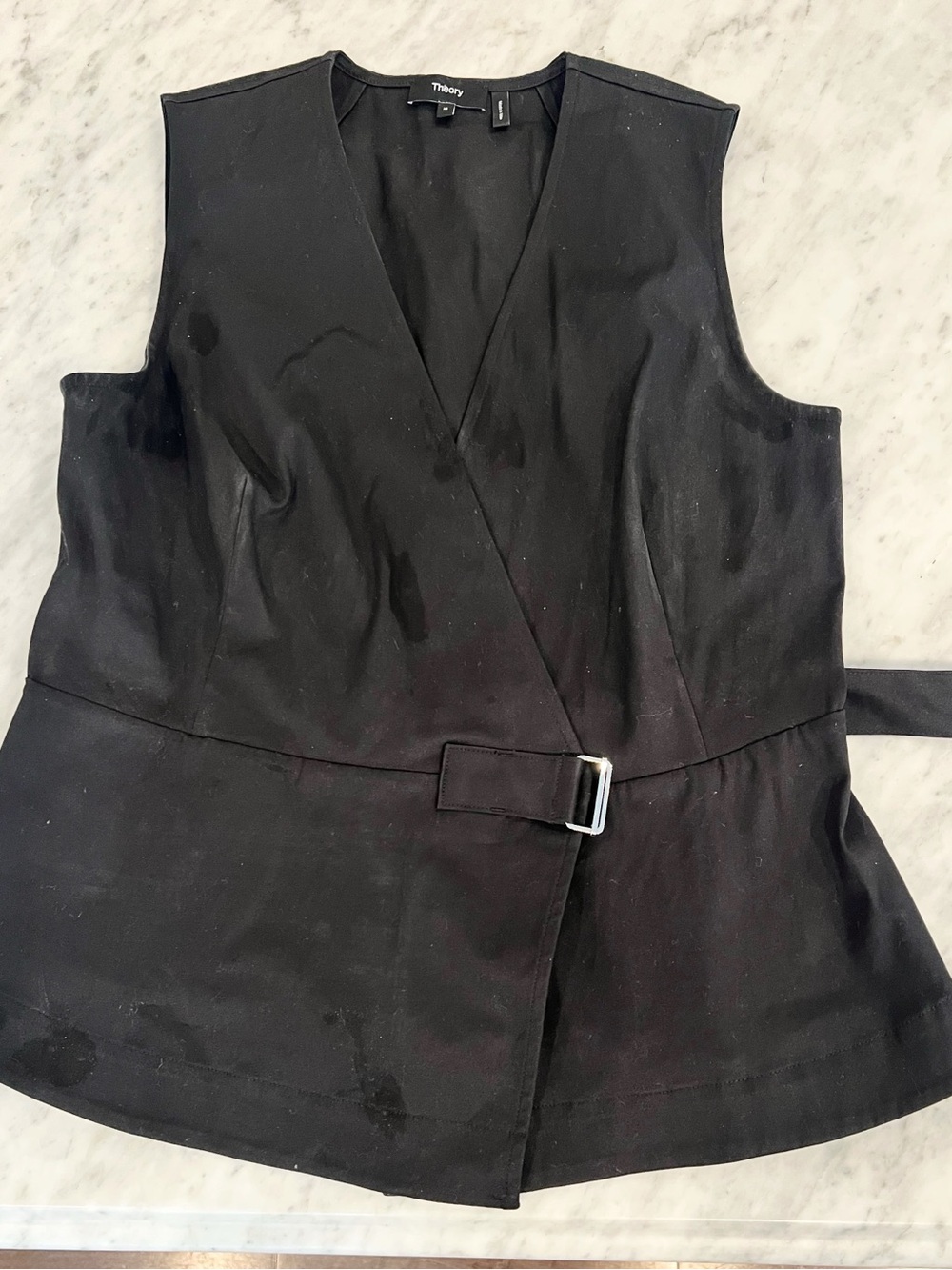Theory Black Sleeveless Wrap Vest with Silver Buckle
